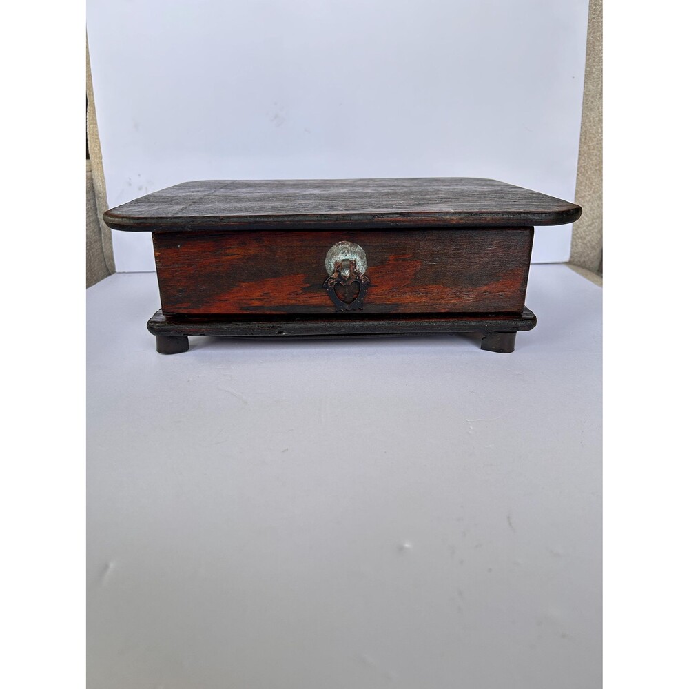 Vintage Asian Style Wooden Document Box,Footed Keepsake Chest with Single Drawer